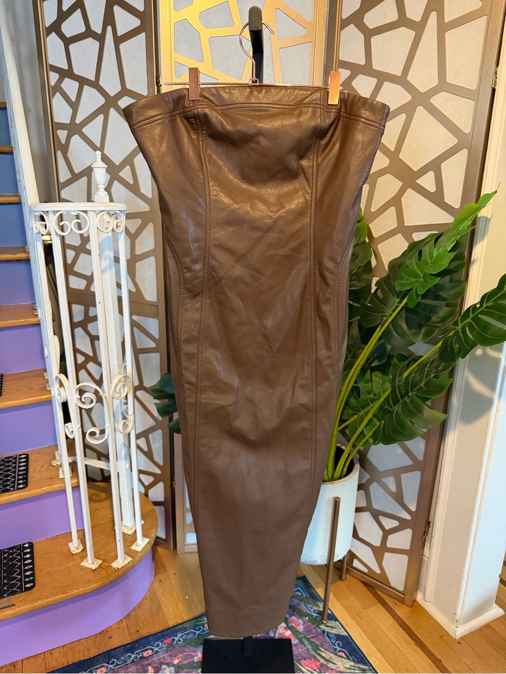 PILCRO by Anthropologie Brown Faux Leather Strapless Midi Dress L NWT